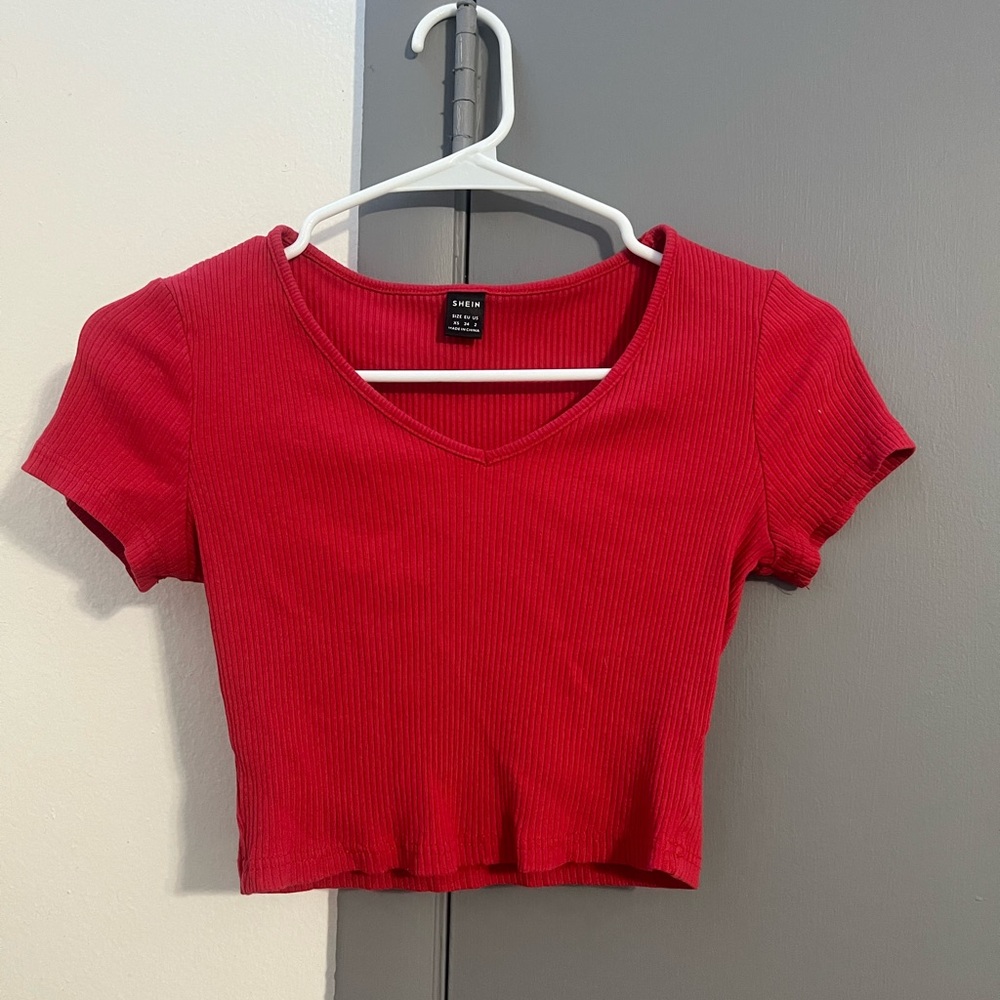 Red V-Neck Ribbed Crop Top
